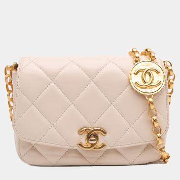 Pre Owned Chanel Beige Small Quilted Lambskin CC Coin Flap