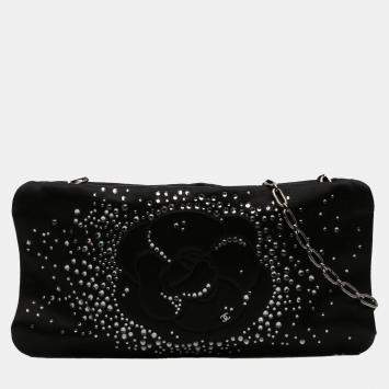Pre Owned Chanel Black Satin Diamante Camellia Clutch with Chain