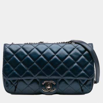 Pre Owned Chanel Blue Quilted Glazed Calfskin Coco Pleats Flap