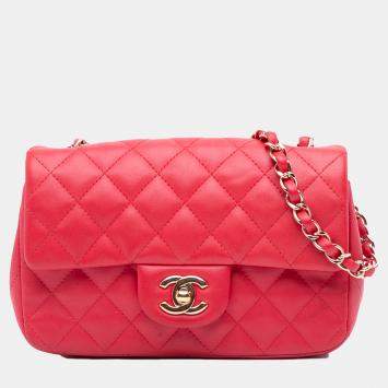 Pre Owned Chanel Red Mini Rectangular Classic Lambskin Single Flap