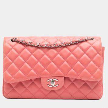 Pre Owned Chanel Pink Jumbo Classic Lambskin Double Flap