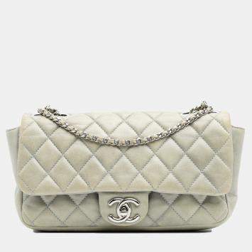 Pre Owned Chanel Grey Medium Quilted Lambskin Coco Rain Flap