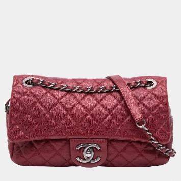Pre Owned Chanel Red Medium Quilted Caviar Easy Flap