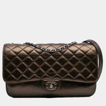 Pre Owned Chanel Brown Medium Metallic Crackled Calfskin Clams Pocket Flap
