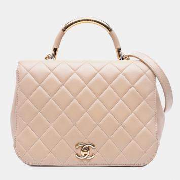 Pre Owned Chanel Beige Lambskin Medium Quilted Carry Chic Flap