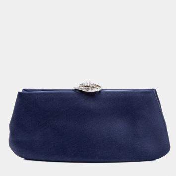 Chanel Navy Blue Satin Crystal Camellia Evening Frame Clutch