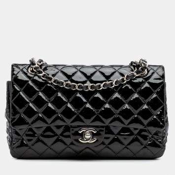 Pre Owned Chanel Black Patent Medium Classic Double Flap