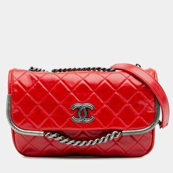 Pre Owned Chanel Red Calfskin Aged CC Chain Frame Flap