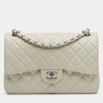 Pre Owned Chanel White Caviar Jumbo Classic Double Flap