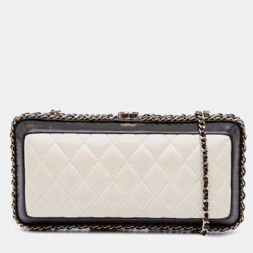 Pre Owned Chanel Black/White Lambskin Quilted Chain Around Clutch