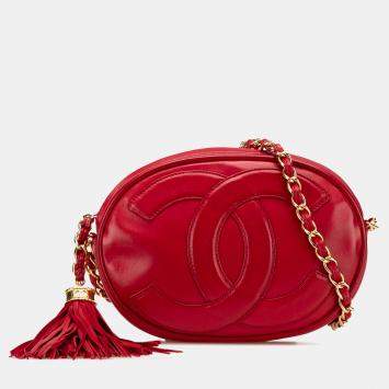 Pre Owned Chanel Red CC Lambskin Tassel Oval Camera Bag