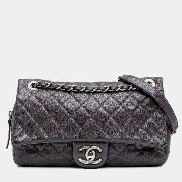 Pre Owned Chanel Purple Medium Quilted Caviar Easy Flap
