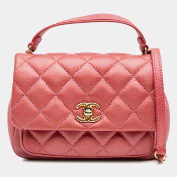 Pre Owned Chanel Pink Quilted Metallic Calfskin Top Handle Flap