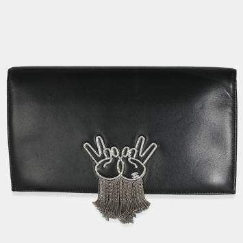Pre Owned Chanel Black Lambskin Crystal Peace Sign Emoji Fold Over Clutch
