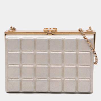 Pre Owned Chanel Gold Chocolate Bar Metallic Lambskin Frame Clutch with Chain