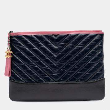 Pre Owned Chanel Black/Blue Calfskin Medium Chevron Aged Gabrielle Cosmetic Clutch