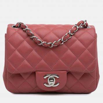 Pre Owned Chanel Pink Lambskin Mini Square Classic Single Flap