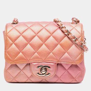 Pre Owned Chanel Orange Pink Mini Square Iridescent Calfskin Flap