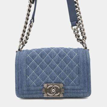 Pre Owned Chanel Blue Denim Boy Chain Mini Shoulder Bag 