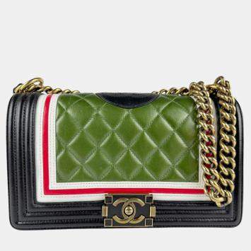 Pre Owned Chanel Green Black Leather Boy Chain Shoulder Bag