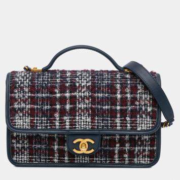 Chanel Navy Blue Small Tweed School Memory Top Handle Flap