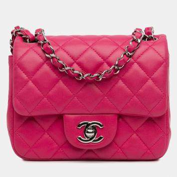Pre Owned Chanel Pink Mini Square Classic Lambskin Single Flap