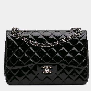 Pre Owned Chanel Black Patent Classic Jumbo Double Flap Bag
