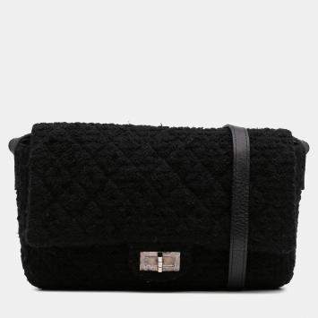 Pre Owned Chanel Black Quilted Tweed Reissue 2.55 Easy Jumbo  Messenger Bag