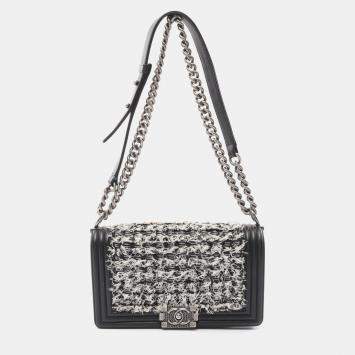 Pre Owned Chanel Black/White Leather Fabric Boy Chanel Chain Shoulder Bag 