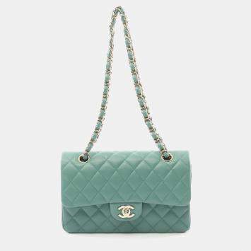 Pre Owned Chanel Lambskin Green Classic Flap Chain Shoulder Bag 