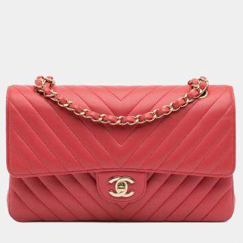 Pre Owned Chanel Red Lambskin Classic Chevron Medium Double Flap