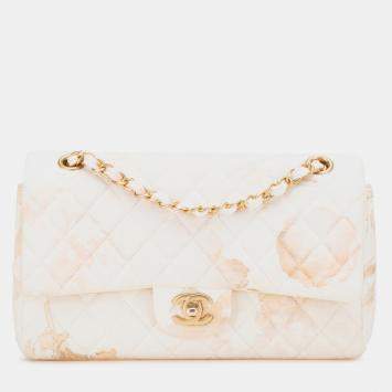 Pre Owned Chanel Brown Classic Printed Denim Floral Double Medium Flap Bag