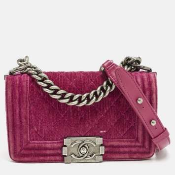 Pre Owned Chanel Fuchsia Quilted Velvet Small Boy Flap Bag