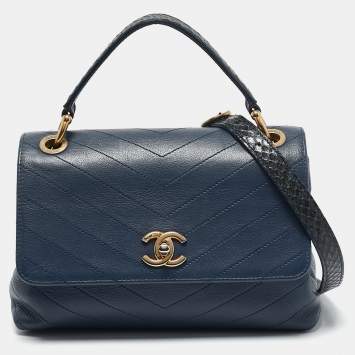 Chanel Navy Blue Chevron Leather and Snakeskin Chic Top Handle Bag