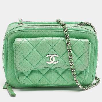 Pre Owned Chanel Green Python Mini Pocket Box Camera Case Bag