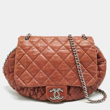 Pre Owned Chanel Brown Washed Quilted Leather Large Chain Around Messenger Bag