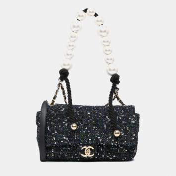 Pre Owned Chanel Navy Blue Medium Tweed Pearl Handle Flap