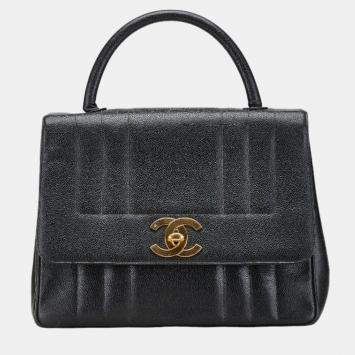 Pre Owned Chanel Black Leather Vertical Quilt Top Handle Bag