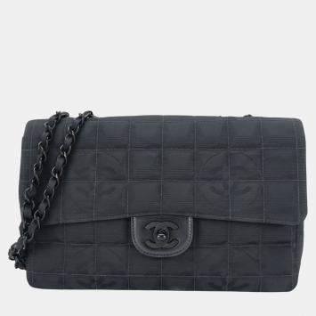 Pre Owned Chanel Black Jacquard Nylon New Travel Line Shoulder Bag