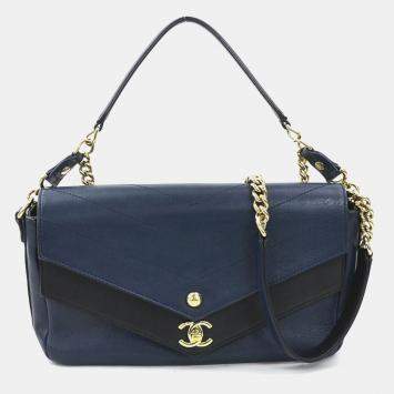 Pre Owned Chanel Blue/Black Quilted Lambskin Leather Small Double Chevron Flap Bag