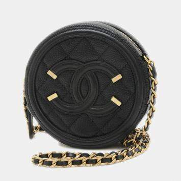 Pre Owned Chanel Black Caviar CC Filigree Round Chain Shoulder Bag