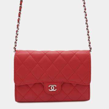 Chanel Red Lambskin Quilted Wallet On Chain 