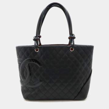 Pre Owned Chanel Black Calfskin Enamel Cambon Line Large Tote Bag 