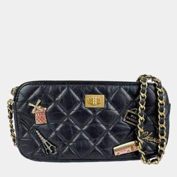 Pre Owned Chanel Black Embroidery Leather 2.55 Chain Wallet 
