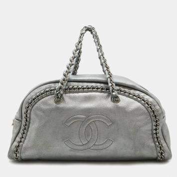 Chanel Silver Metallic Leather Luxe Ligne Medium Bowler Bag