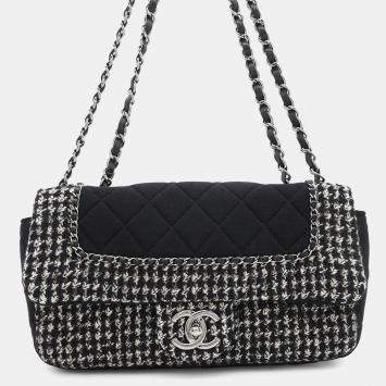 Pre Owned Chanel Black and White Tweed Cotton Jersey Flap Chain Shoulder Bag