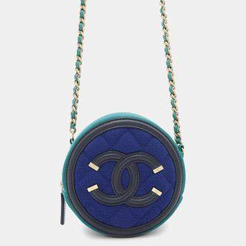 Pre Owned Chanel Blue/Green Cotton CC Filigree Round Chain Shoulder Bag 