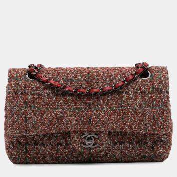 Pre Owned Chanel Red Classic Tweed Medium  Double Flap Bag