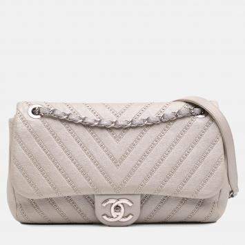 Pre Owned Chanel Silver Medium Chevron Calfskin Stud Wars Flap Bag