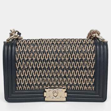 Pre Owned Chanel Beige Black Leather Boy Medium Bag